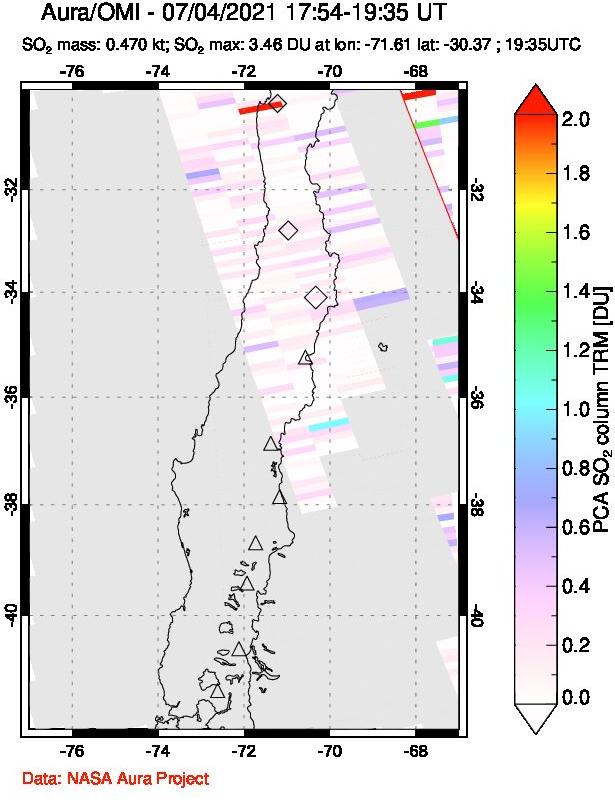 A sulfur dioxide image over Central Chile on Jul 04, 2021.