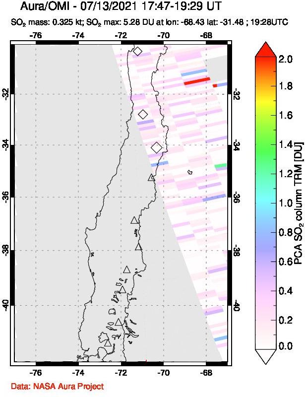 A sulfur dioxide image over Central Chile on Jul 13, 2021.