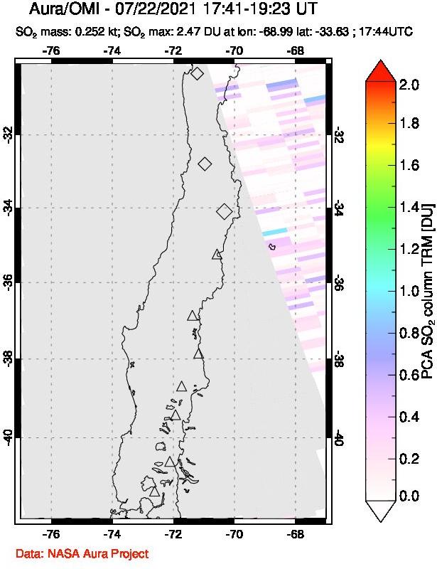 A sulfur dioxide image over Central Chile on Jul 22, 2021.