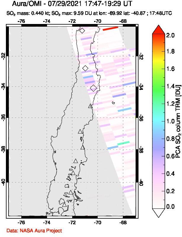 A sulfur dioxide image over Central Chile on Jul 29, 2021.