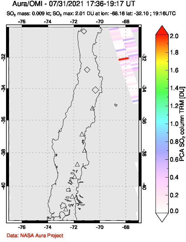 A sulfur dioxide image over Central Chile on Jul 31, 2021.