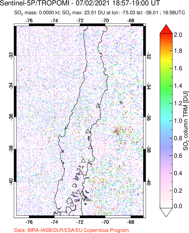 A sulfur dioxide image over Central Chile on Jul 02, 2021.