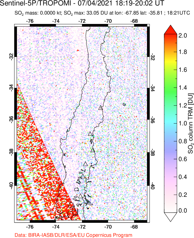 A sulfur dioxide image over Central Chile on Jul 04, 2021.