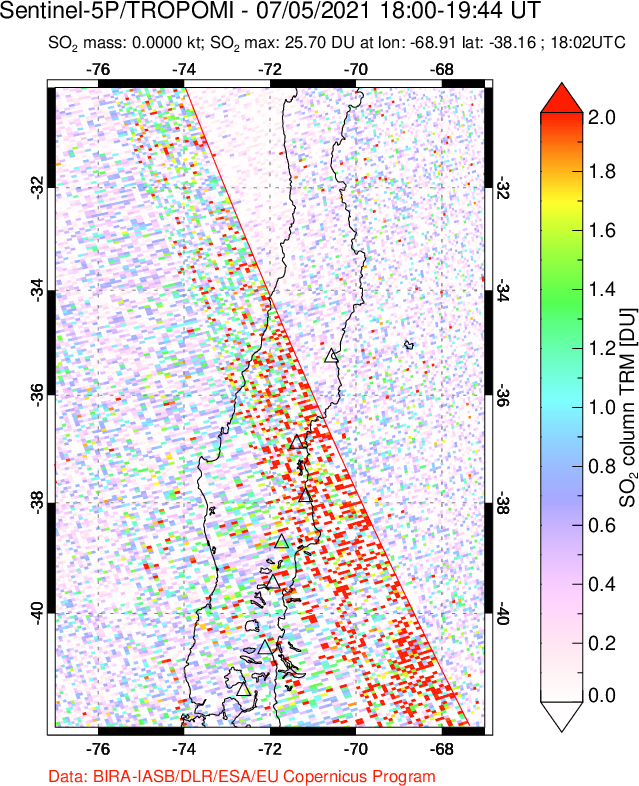 A sulfur dioxide image over Central Chile on Jul 05, 2021.