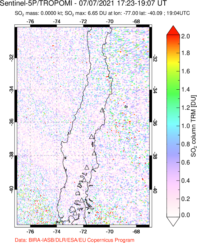 A sulfur dioxide image over Central Chile on Jul 07, 2021.