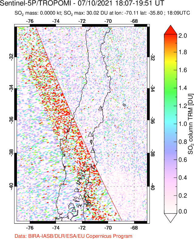 A sulfur dioxide image over Central Chile on Jul 10, 2021.