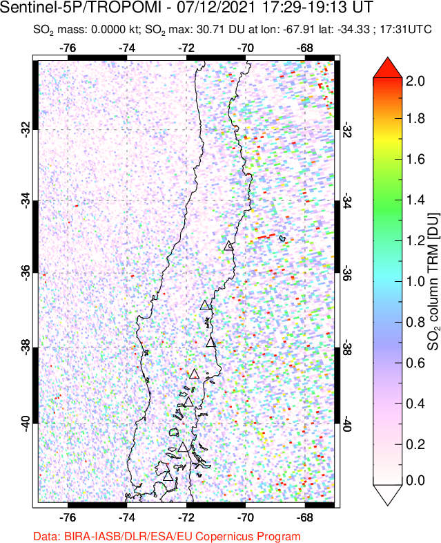 A sulfur dioxide image over Central Chile on Jul 12, 2021.