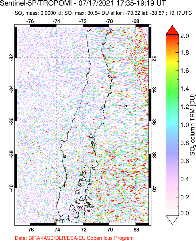 A sulfur dioxide image over Central Chile on Jul 17, 2021.