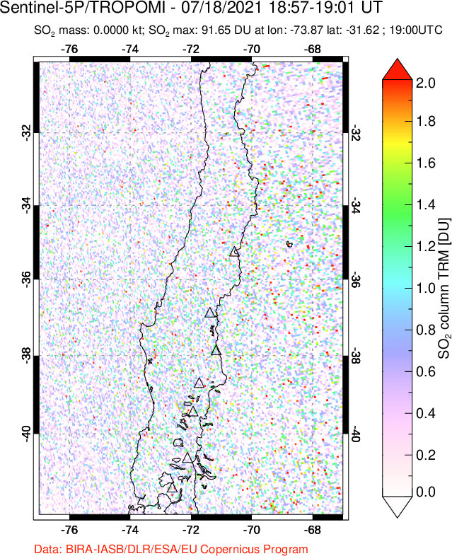 A sulfur dioxide image over Central Chile on Jul 18, 2021.