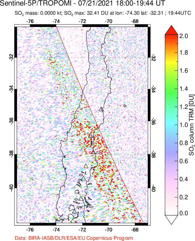 A sulfur dioxide image over Central Chile on Jul 21, 2021.