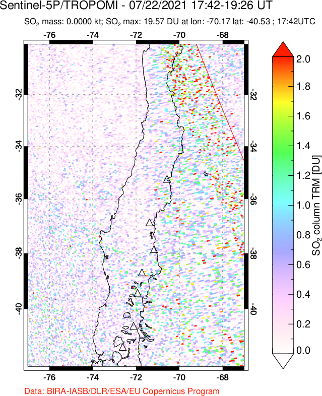 A sulfur dioxide image over Central Chile on Jul 22, 2021.