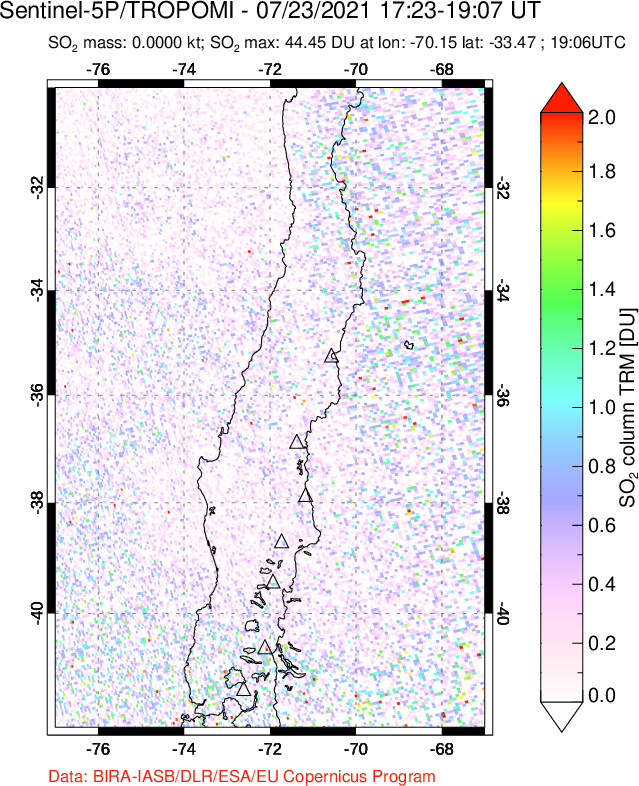 A sulfur dioxide image over Central Chile on Jul 23, 2021.