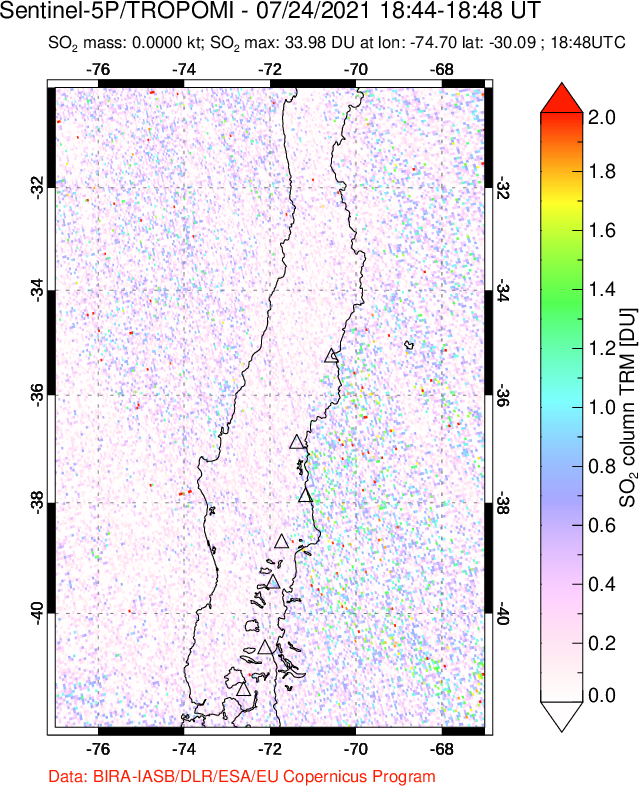 A sulfur dioxide image over Central Chile on Jul 24, 2021.