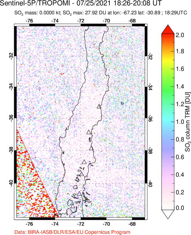 A sulfur dioxide image over Central Chile on Jul 25, 2021.