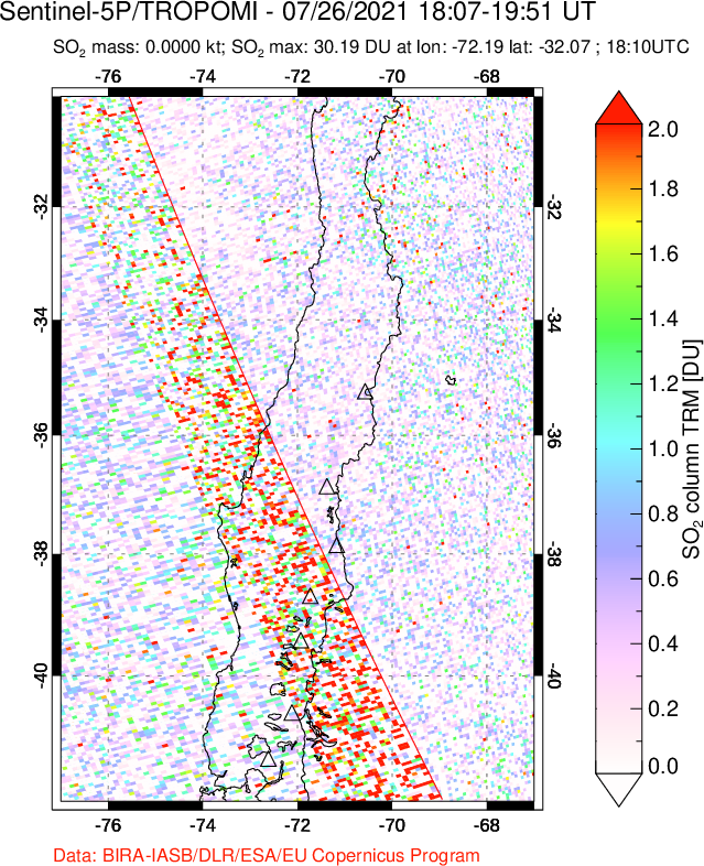 A sulfur dioxide image over Central Chile on Jul 26, 2021.
