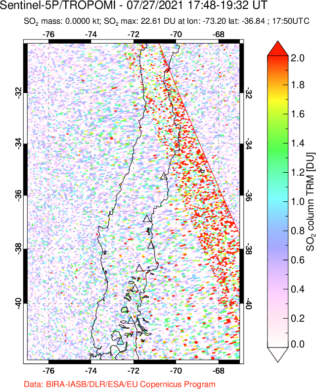 A sulfur dioxide image over Central Chile on Jul 27, 2021.