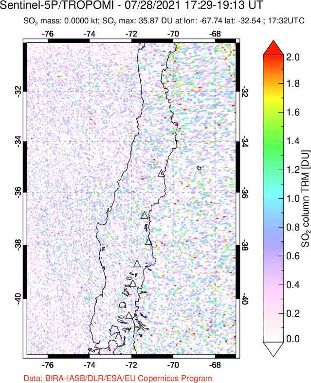 A sulfur dioxide image over Central Chile on Jul 28, 2021.