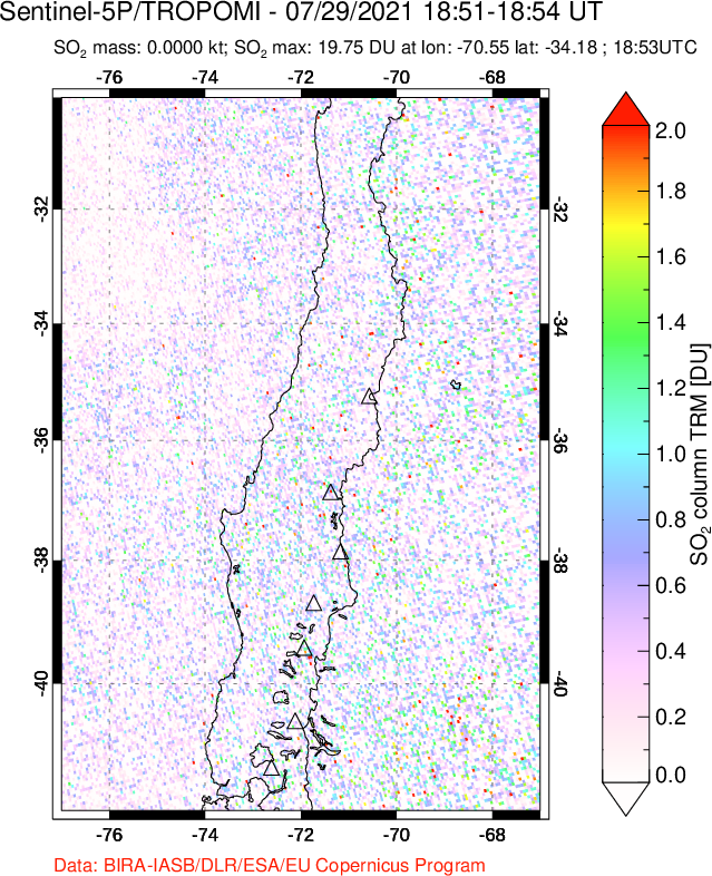 A sulfur dioxide image over Central Chile on Jul 29, 2021.