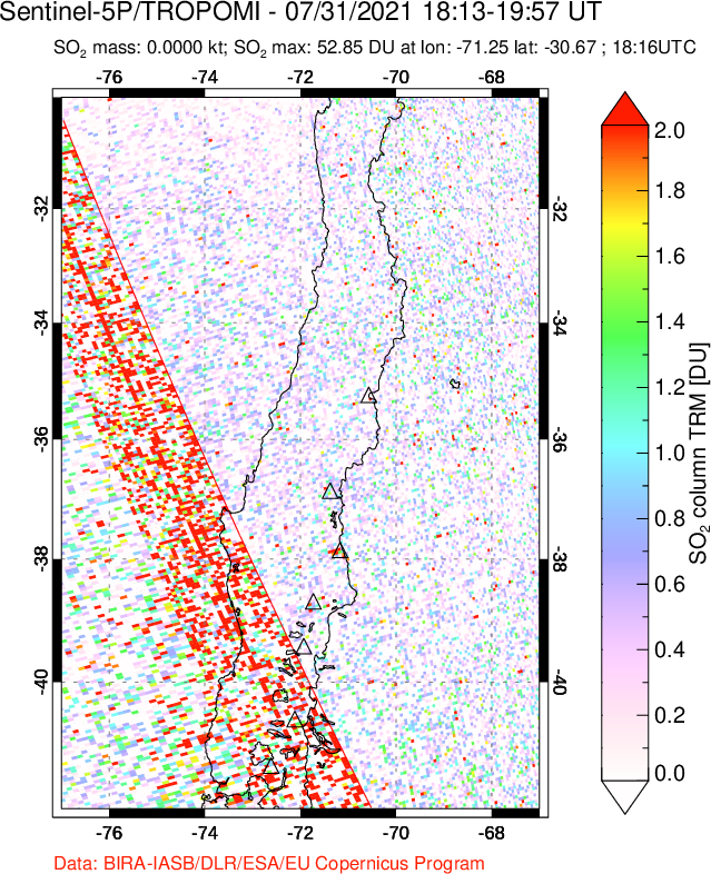 A sulfur dioxide image over Central Chile on Jul 31, 2021.
