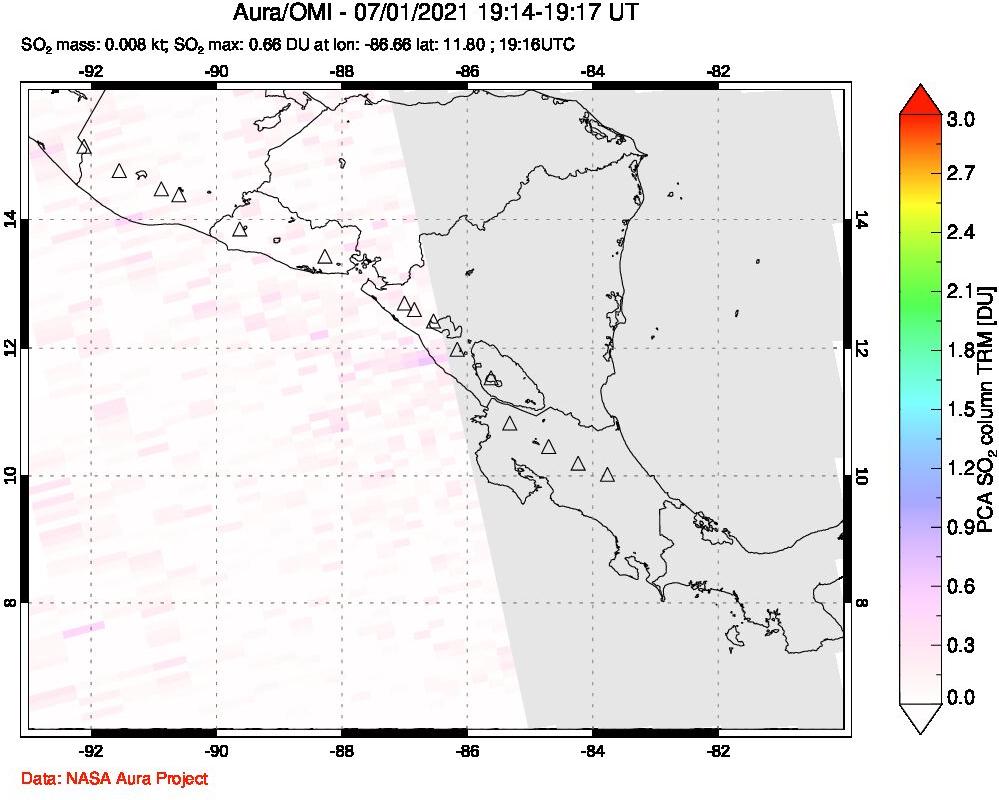 A sulfur dioxide image over Central America on Jul 01, 2021.