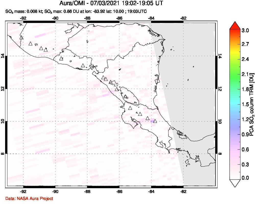 A sulfur dioxide image over Central America on Jul 03, 2021.