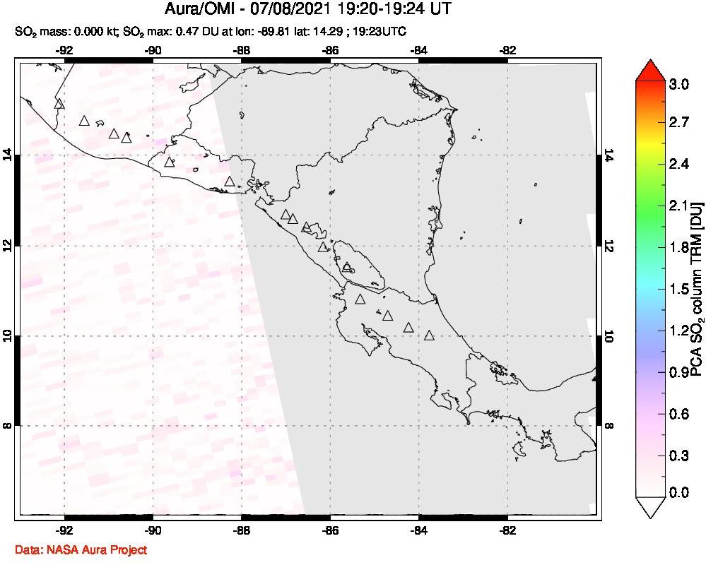 A sulfur dioxide image over Central America on Jul 08, 2021.