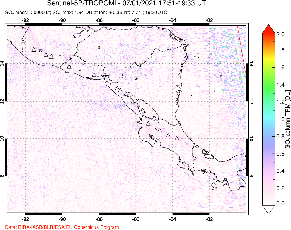 A sulfur dioxide image over Central America on Jul 01, 2021.