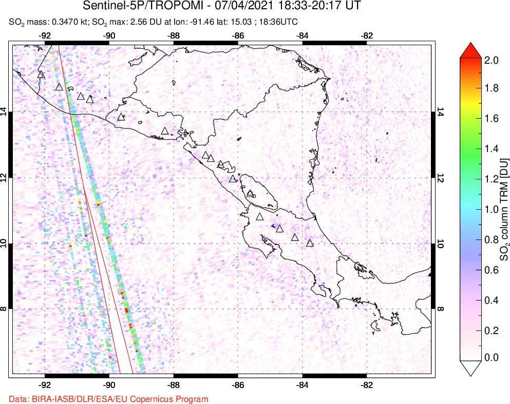 A sulfur dioxide image over Central America on Jul 04, 2021.