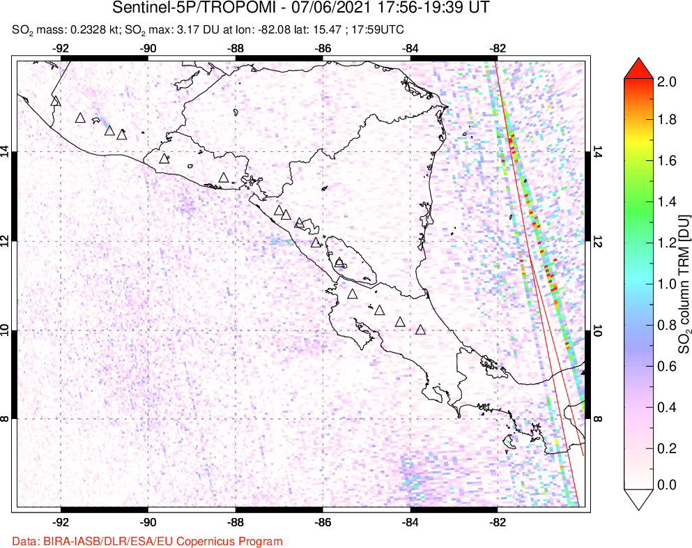 A sulfur dioxide image over Central America on Jul 06, 2021.