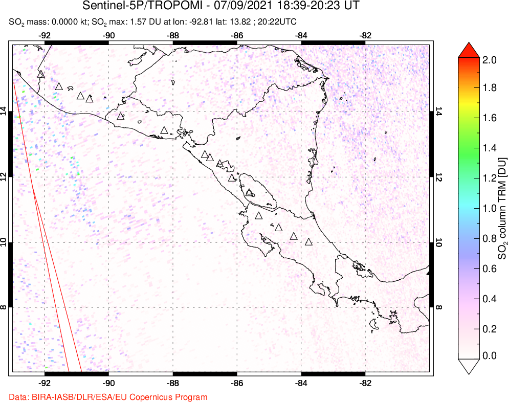 A sulfur dioxide image over Central America on Jul 09, 2021.