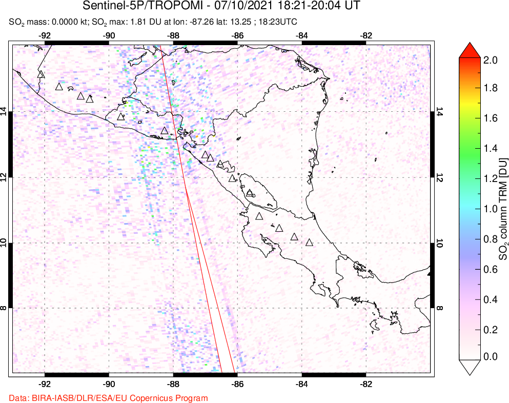 A sulfur dioxide image over Central America on Jul 10, 2021.
