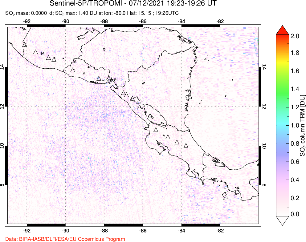 A sulfur dioxide image over Central America on Jul 12, 2021.