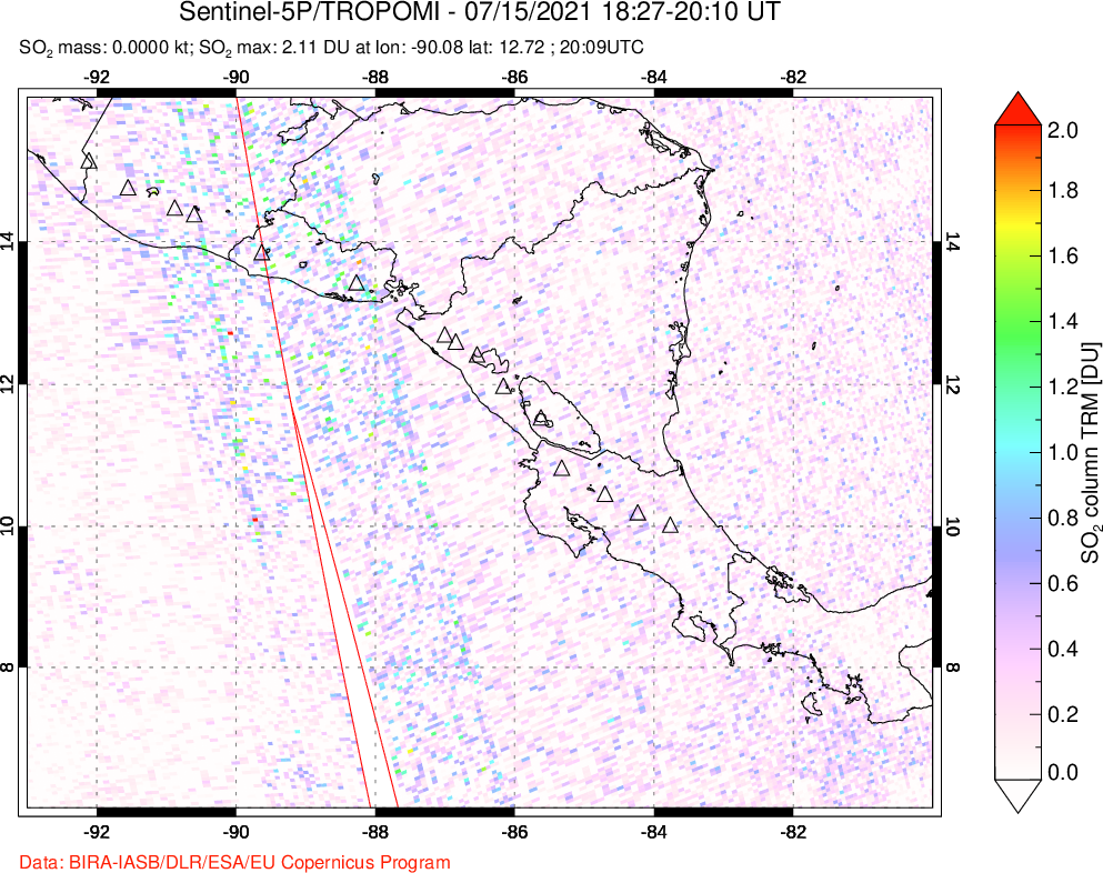 A sulfur dioxide image over Central America on Jul 15, 2021.