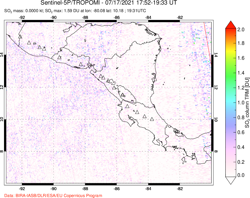 A sulfur dioxide image over Central America on Jul 17, 2021.