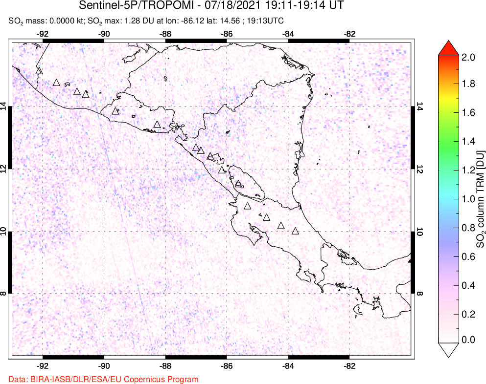 A sulfur dioxide image over Central America on Jul 18, 2021.