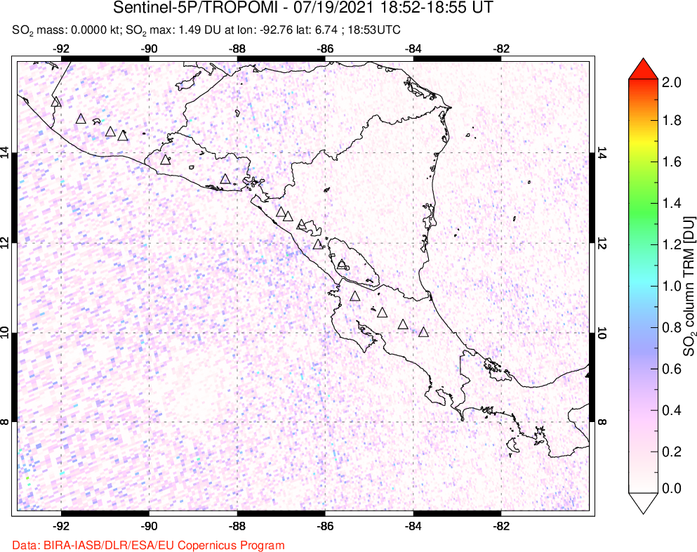 A sulfur dioxide image over Central America on Jul 19, 2021.