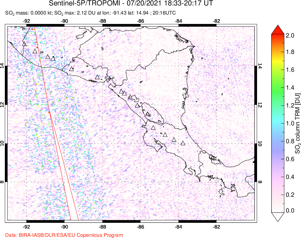 A sulfur dioxide image over Central America on Jul 20, 2021.