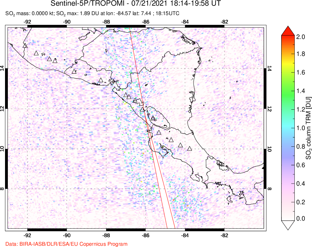 A sulfur dioxide image over Central America on Jul 21, 2021.