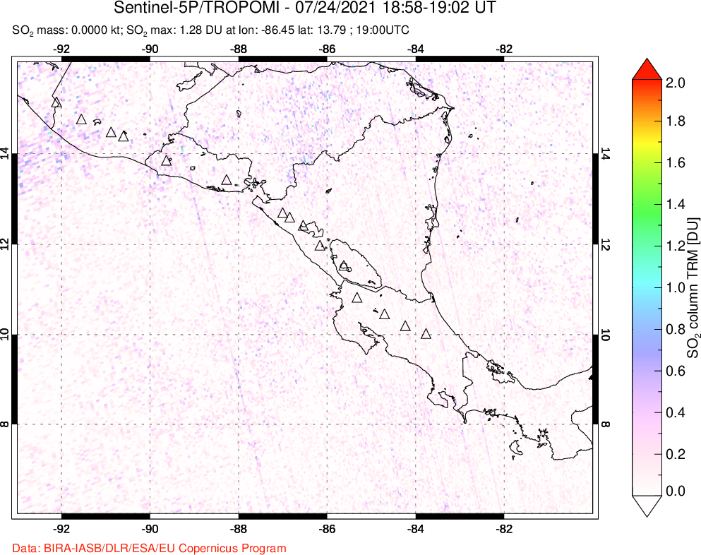 A sulfur dioxide image over Central America on Jul 24, 2021.