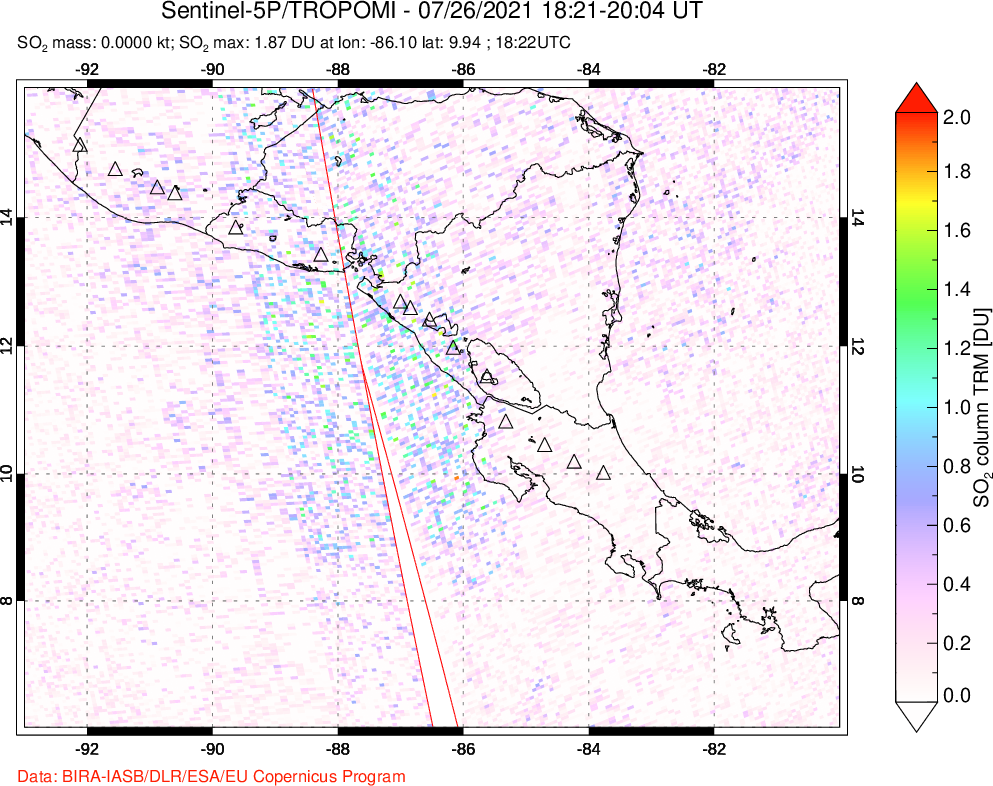 A sulfur dioxide image over Central America on Jul 26, 2021.