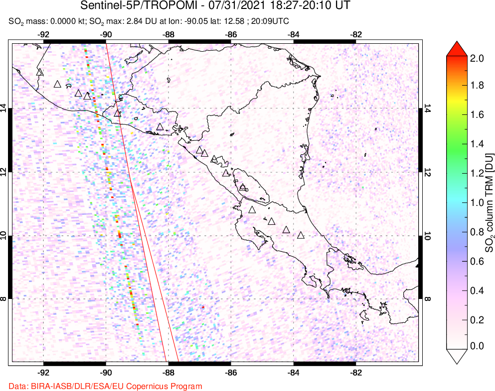 A sulfur dioxide image over Central America on Jul 31, 2021.