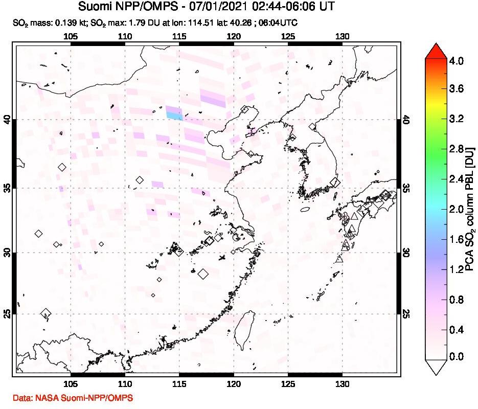 A sulfur dioxide image over Eastern China on Jul 01, 2021.