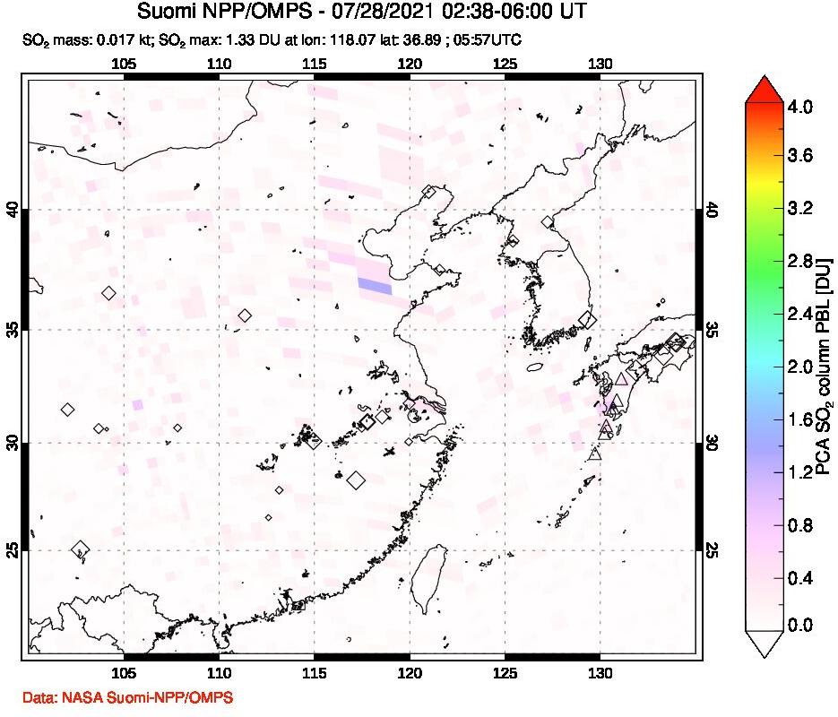 A sulfur dioxide image over Eastern China on Jul 28, 2021.