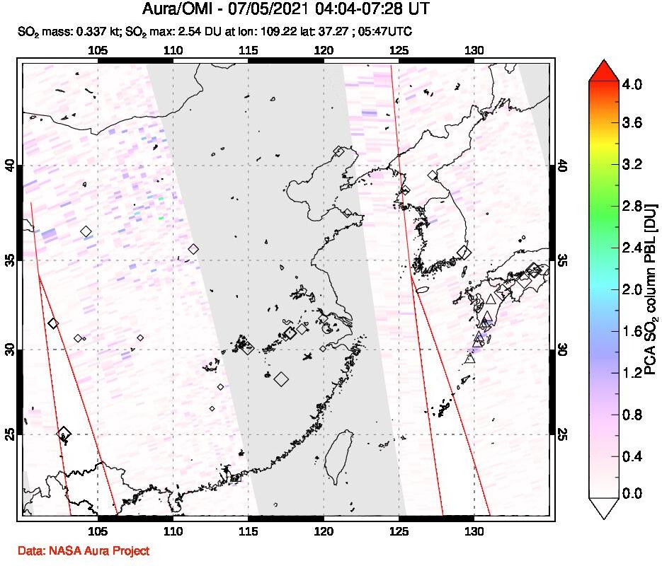 A sulfur dioxide image over Eastern China on Jul 05, 2021.