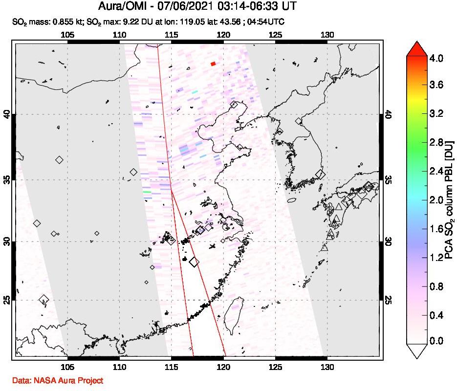 A sulfur dioxide image over Eastern China on Jul 06, 2021.