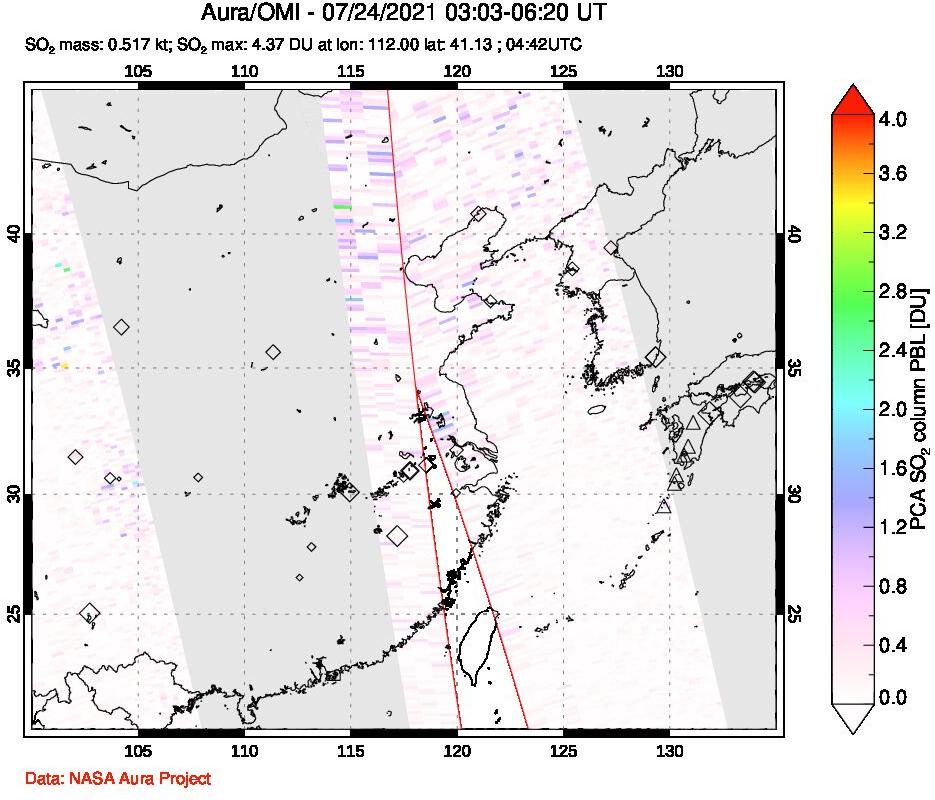 A sulfur dioxide image over Eastern China on Jul 24, 2021.