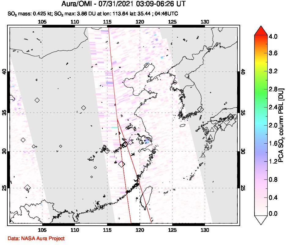 A sulfur dioxide image over Eastern China on Jul 31, 2021.