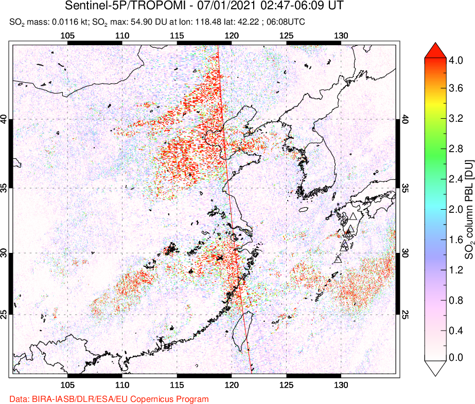 A sulfur dioxide image over Eastern China on Jul 01, 2021.