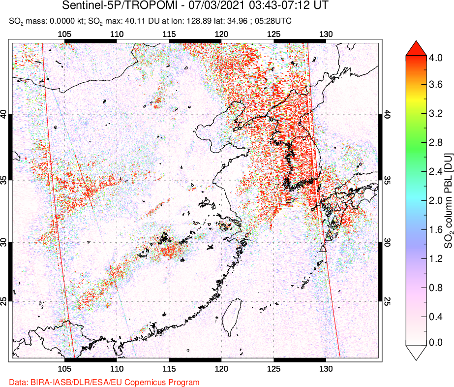 A sulfur dioxide image over Eastern China on Jul 03, 2021.