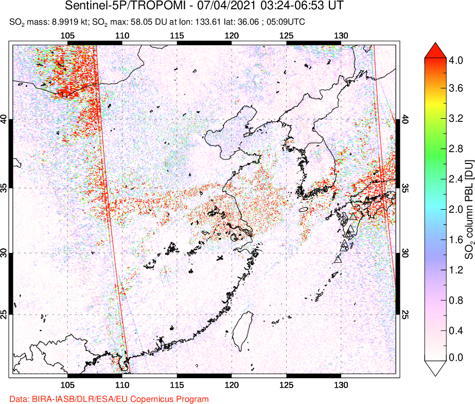 A sulfur dioxide image over Eastern China on Jul 04, 2021.